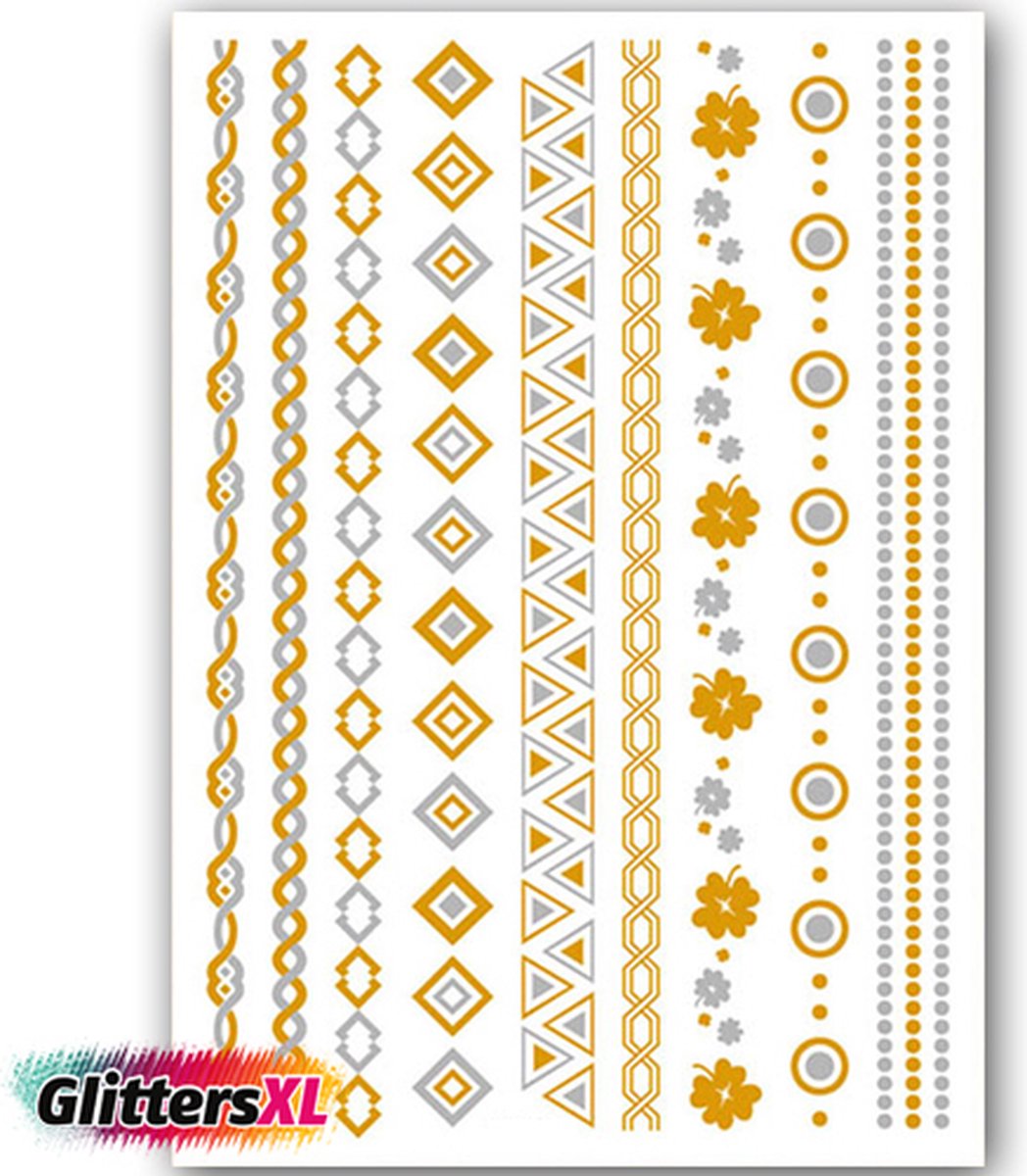 GlittersXL - Temporary Tattoo Goud/Gold (11x6cm) [Neptattoo Ibiza Turquoise - Tijdelijke tatoeage - Nep Fake Tattoos - Water overdraagbare festival sticker henna outfit tattoo - Glitter tattoo - Volwassenen Kinderen Jongen Meisje]